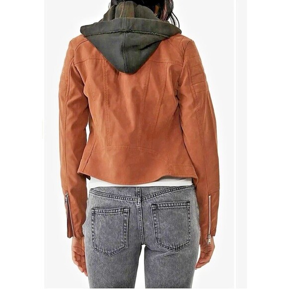 We The Free People Women’s Medium black Hood Tan Camel Vegan Leather Moto Jacket - Picture 4 of 9